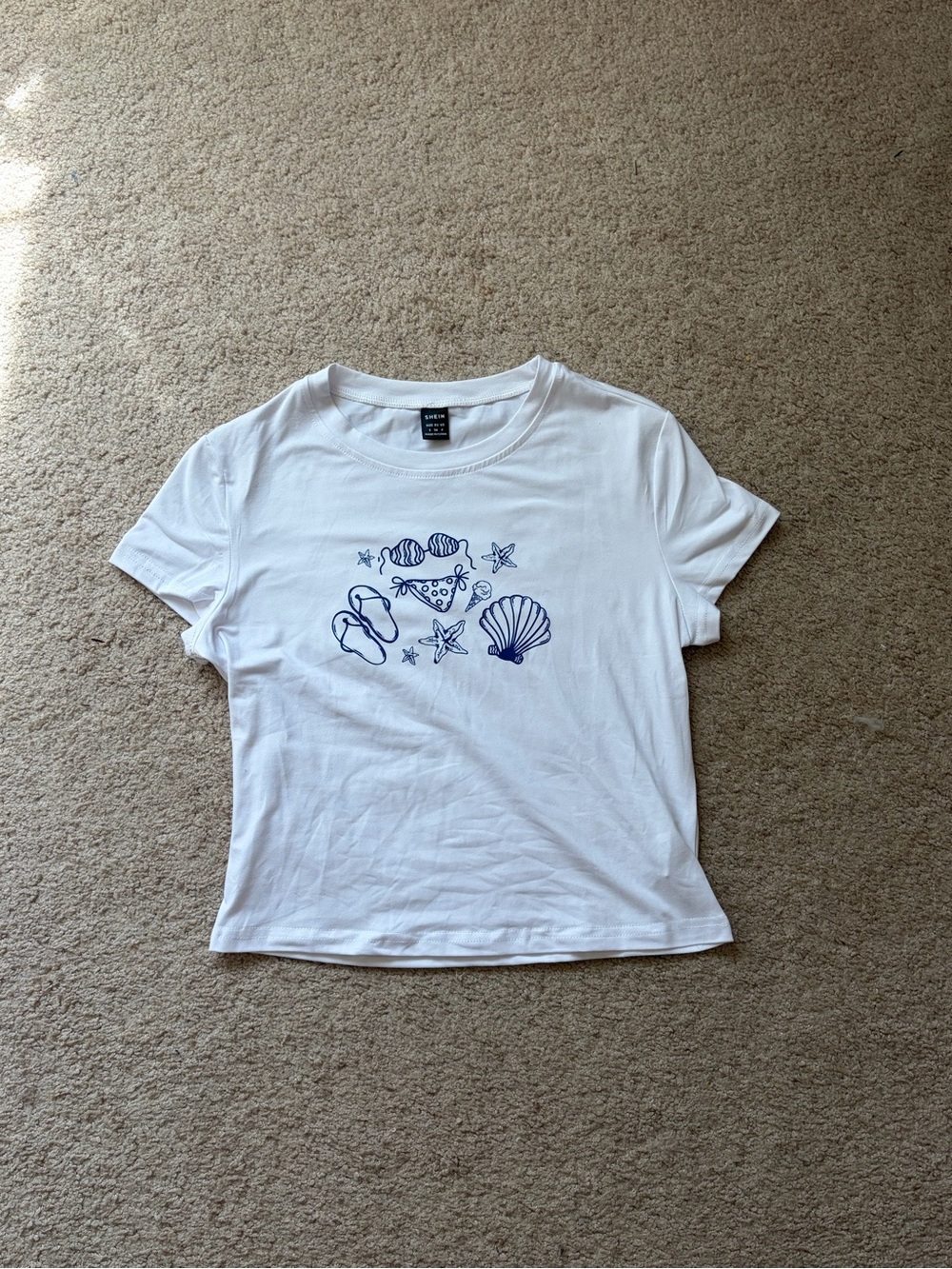 SHEIN White Short Sleeve Tee with Navy Shell & Flip-Flop Print